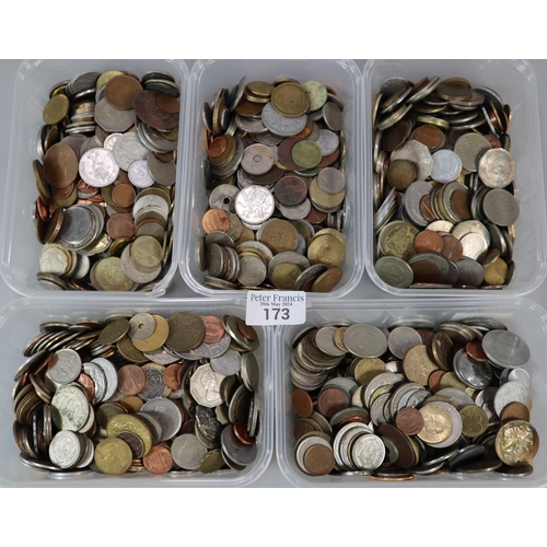 173 - Large collection of World coins in five plastic tubs.   (B.P. 21% + VAT)