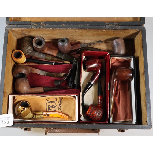 183 - Wooden box comprising: collection of smoking pipes, to include: St Bruno, St Bijou, Corn on the Cob-... 