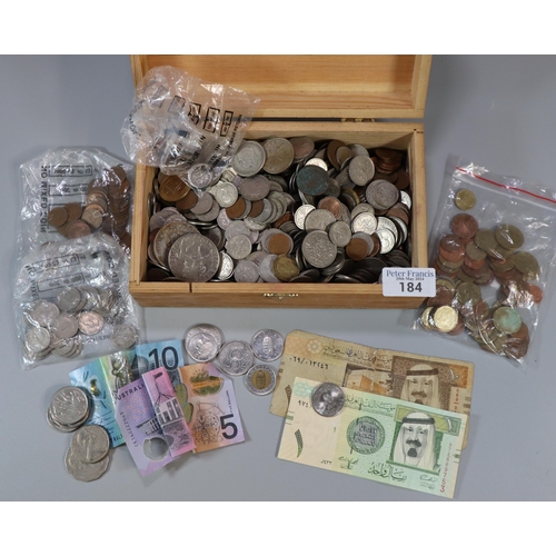 184 - Wooden pine box comprising a collection of GB and foreign coinage and notes.   (B.P. 21% + VAT)