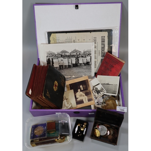 186 - Box file comprising various oddments to include: 'The Little Gem' postcard album together with postc... 