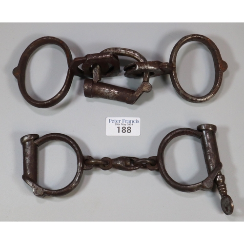 188 - Pair of 19th century children's handcuffs including key, together with pair of Victorian Transportat... 