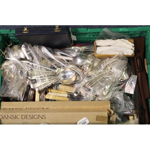 189 - Box of items to include: large collection of silver plated flatware, Dansk candles, chopsticks etc. ... 