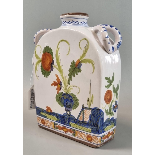 20 - Italian earthenware twin handled flask vase or tea caddy, hand painted with flowers and foliage, unm... 