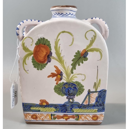 20 - Italian earthenware twin handled flask vase or tea caddy, hand painted with flowers and foliage, unm... 