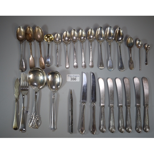 200 - Small box of silver flatware, mainly spoons, knives with silver handles etc.  (Silver content exclud... 