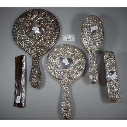 201 - Edwardian design silver ladies vanity set comprising: two hand brushes, two hand mirrors and a comb.... 