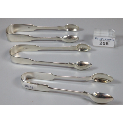 206 - Two 19th century silver sugar nips together with a silver plated pair of sugar nips.  3.93 troy oz a... 