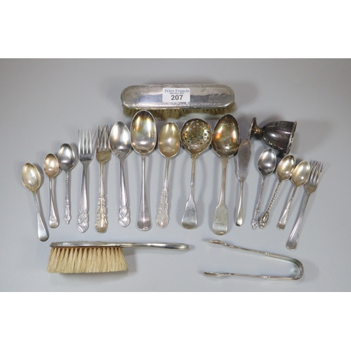 207 - Bag of odd silver and silver plated items to include: flatware, spoons, egg cup, forks, vanity hair ... 