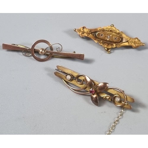 227 - Two 9ct gold Edwardian design bar brooches (4.8g approx together) with a Victorian 15ct gold bar bro... 