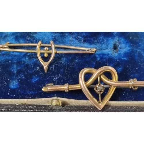 230 - Two 9ct gold bar brooches with wishbone and heart decoration (2g approx), together with some gold-pl... 