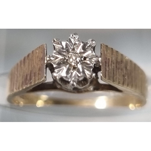 244 - 9ct gold diamond solitaire ring. 2.4g approx. Ring size J 1/5 (B.P. 21% + VAT)