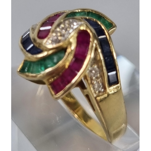 251 - 18ct gold modernist design ruby, sapphire, emerald and diamond ring, marked 750.  5.2g approx.  Size... 