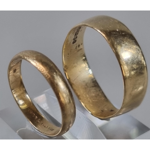 256 - Two 9ct gold wedding bands. 4.3g approx. Ring size M & V 1/2 (B.P. 21% + VAT)