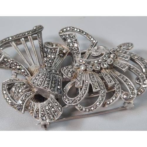 261 - Collection of silver Marcasite and other brooches, together with a silver brooch marked 'Aye Ready' ... 