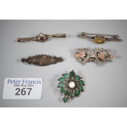 267 - Collection of Victorian and later brooches, 9ct gold and silver.  (5)  (B.P. 21% + VAT)