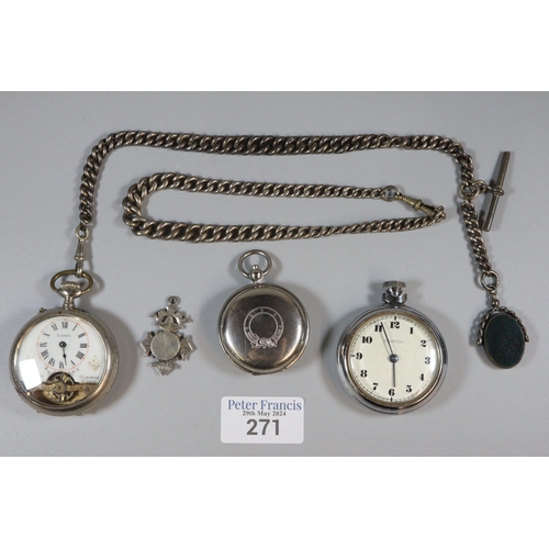 271 - An early 20th century French eight days enamel open faced pocket watch with exposed movement and sil... 