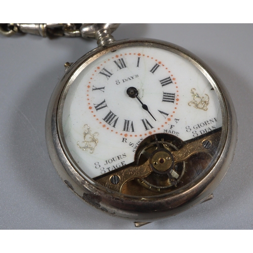 271 - An early 20th century French eight days enamel open faced pocket watch with exposed movement and sil... 