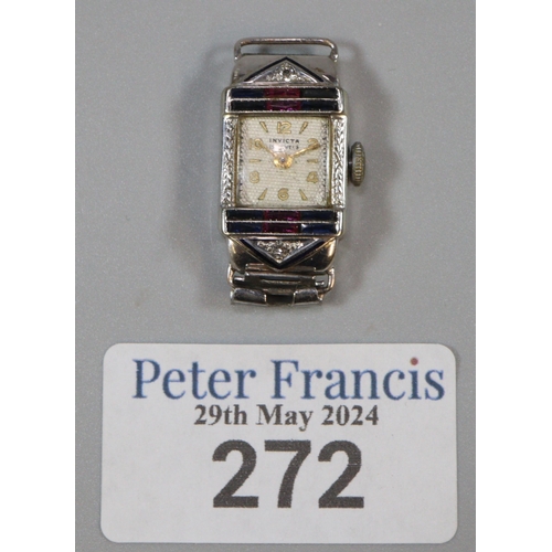 272 - Art Deco design Invicta 15 jewels cocktail watch, the face inset with two tiny diamond chips. Face a... 