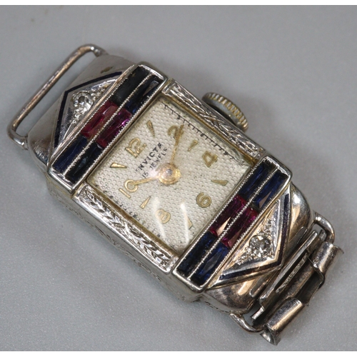 272 - Art Deco design Invicta 15 jewels cocktail watch, the face inset with two tiny diamond chips. Face a... 