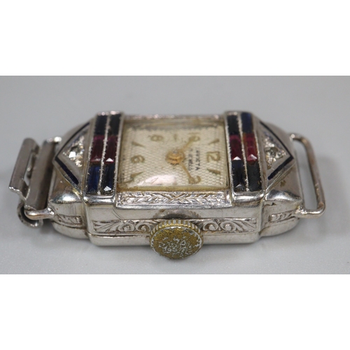 272 - Art Deco design Invicta 15 jewels cocktail watch, the face inset with two tiny diamond chips. Face a... 