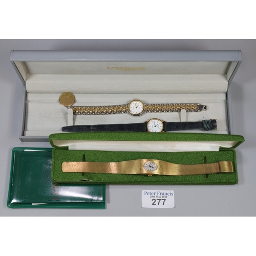 277 - Longines ladies' 9ct gold wristwatch on leather strap, in Longines case, together with an Accurist s... 