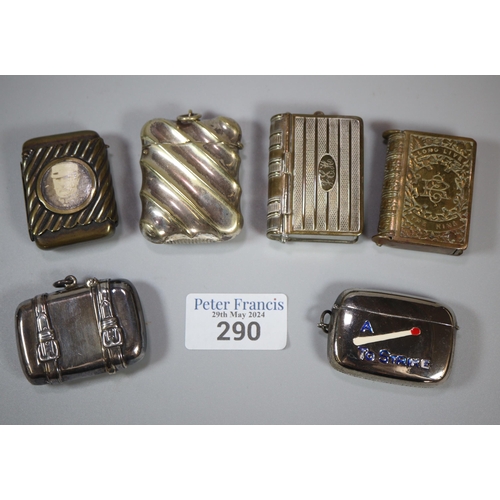 290 - Collection of silver and other novelty vesta cases, one in the form of a suitcase.  (6)   (B.P. 21% ... 