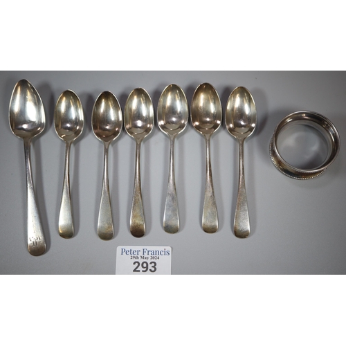 293 - Bag of seven silver spoons and a silver napkin ring.  3.4 troy oz approx.   (B.P. 21% + VAT)