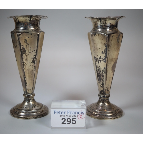 295 - Pair of silver vase shaped specimen vases on circular loaded bases.  12.5cm high approx.   (B.P. 21%... 