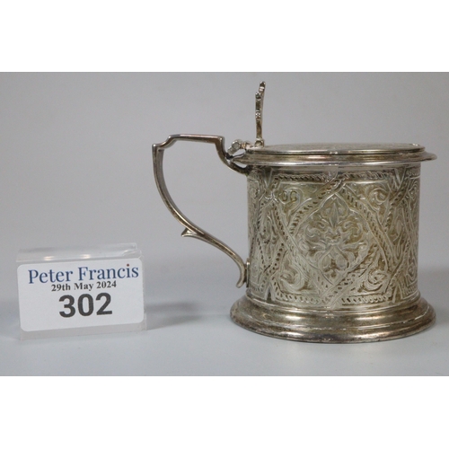 302 - 19th century silver engraved mustard pot with blue glass liner.  5 troy oz approx.   (B.P. 21% + VAT... 