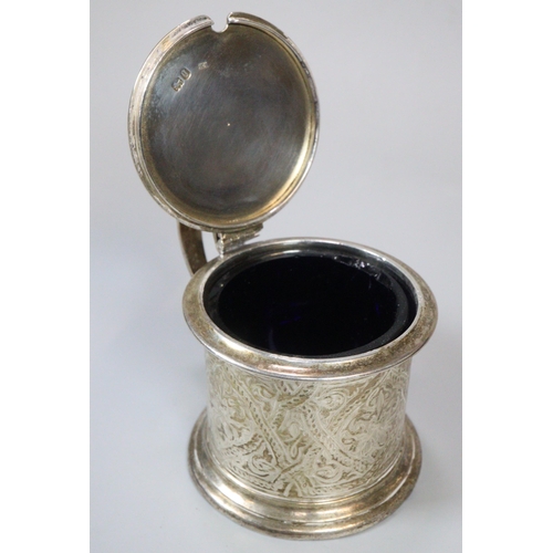 302 - 19th century silver engraved mustard pot with blue glass liner.  5 troy oz approx.   (B.P. 21% + VAT... 