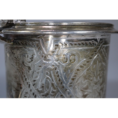 302 - 19th century silver engraved mustard pot with blue glass liner.  5 troy oz approx.   (B.P. 21% + VAT... 