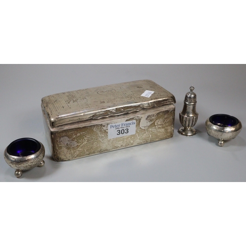 303 - Silver cigar box together with a pair of silver salts with blue glass liners and a silver pepper pot... 