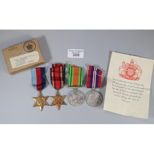 308 - WWII Medal Group comprising: 1939-45 War Medal, Burma Star and 1939-45 Star together with Defense Me... 