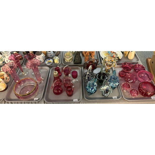 328 - Four trays of assorted glassware, mainly cranberry glass including: bowls, trumpet and flared vases ... 