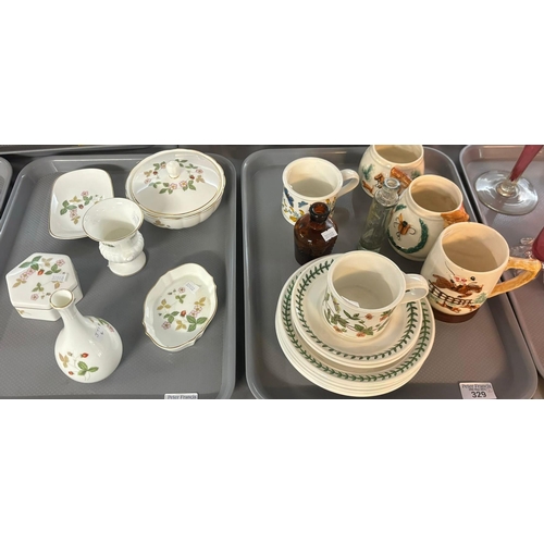 329 - Two trays of ceramics to include: Wedgwood 'Wild Strawberry' design dressing table items, Portmeirio... 