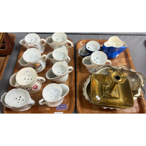 342 - Two trays of continental, probably German shaving souvenir mugs, together with brass chamber stick a... 