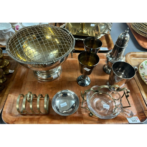 343 - Tray of silver plate to include: goblets, christening mug, sugar sifter, rose bowl etc.   (B.P. 21% ... 