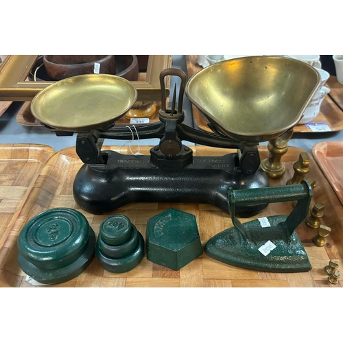 344 - Set of vintage Libra scales with brass pans together with other cast iron and brass graduated bell s... 