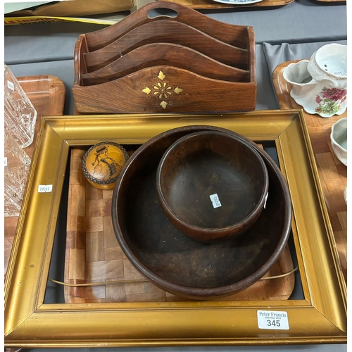 345 - Tray of oddments to include: gilt picture frame, treen bowls, stationary rack and turned wooden box.... 