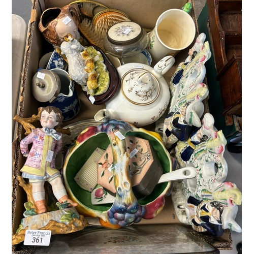 361 - Box of china to include: continental figurine, Staffordshire Flatback figure groups, fruit design bo... 