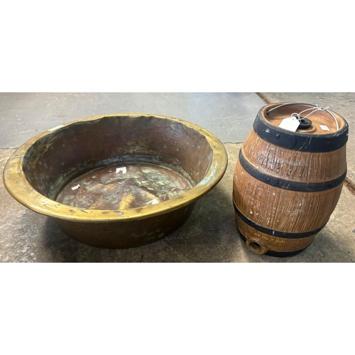 363 - Moira Pottery port ceramic barrel together with beaten brass  and copper pan.  (2)   (B.P. 21% + VAT... 