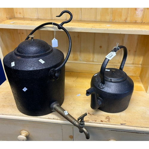 364 - Cast iron Victorian teapot marked Swain together with another cast iron and brass samovar with swing... 