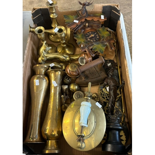 365 - Tray of metalware and other items to include: vases, brass studies of foxes, candlestick, spelter fi... 