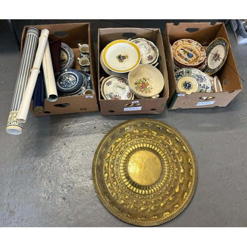 368 - Three trays of assorted china together with some modern posters and an Indian design tray of circula... 