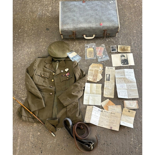 372 - British Army WWII period uniform items including: Sam Browne, swagger stick, medal miniatures etc. t... 