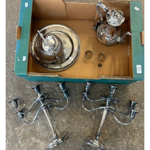 376 - Tray of silver plated items to include: pair of candelabra, Victorian teapot with bird finial, tray,... 