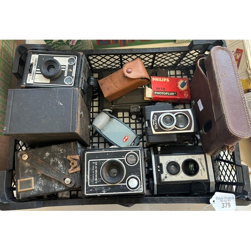 379 - Box of vintage cameras to include: 'Coronet-Conway, Brownie etc.  (B.P. 21% + VAT)