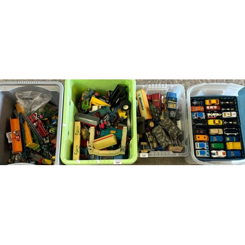 388 - Four boxes of diecast model vehicles: cars, military tanks, Matchbox carry case with cars etc.  (4) ... 