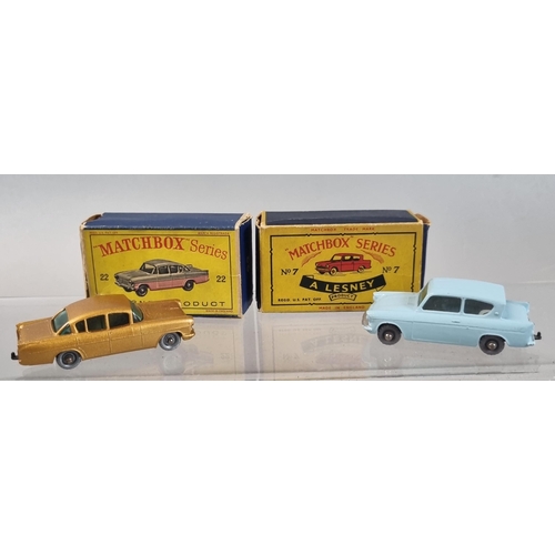 39 - Matchbox Lesney No. 7 diecast car 'Ford Anglia' in original box, together with similar No. 22 'Vauxh... 