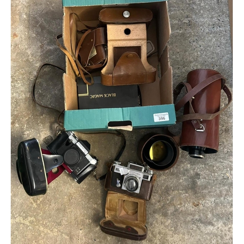 396 - Box of vintage cameras in fitted leather cases to include: Contax, Agifold, Pentaflex SL etc.  (B.P.... 